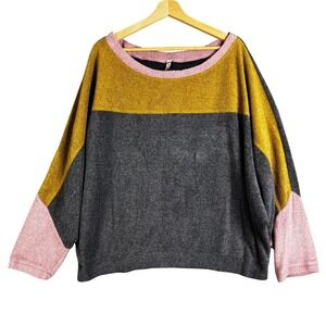Intimately Free People Colorblock Fleece Pullover Sweater Grey Yellow Pink SP